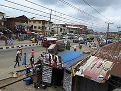 the shop in the foreground sells Nollywood films.